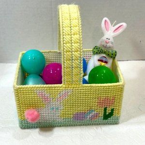 VTG Handmade Needlepoint Easter Basket Tulips Bunny w/Pink Pom Pom Spring 6.5”